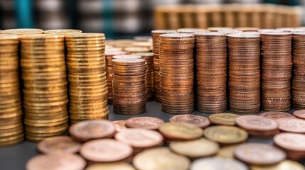 A vibrant display of neatly stacked coins, showcasing various denominations, representing wealth, currency, and financial themes.