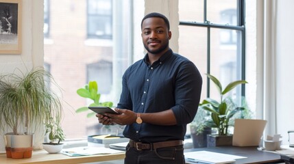 Aufkleber - A young man dressed in a black shirt holds a tablet while standing in a well-lit office filled with greenery.