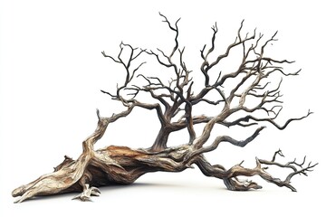 Photograph of an old, dead tree with branches, isolated on a white background. 