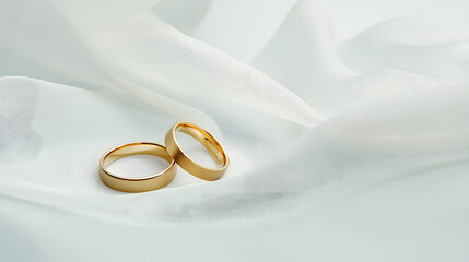 Golden wedding rings resting on soft white fabric, symbolizing love