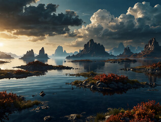 sunset in a alien water planet landscape with islands, mountains and clouds