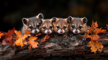 A heartwarming image features four raccoon kits nestled on a log, surrounded by vibrant autumn leaves. Capturing the essence of curiosity and natural charm in wildlife.