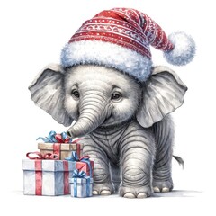 A cute baby elephant wears a festive Santa hat and stands next to a stack of colorful gift boxes wrapped with ribbons 