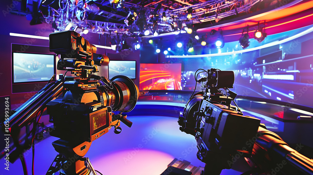 Tv Broadcasting Example Professional broadcast cameras capturing a live production in a ...
