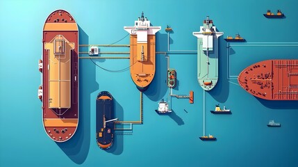 Poster - Aerial view of massive oil tankers moored at a marine terminal with floating pipelines extending toward the ships to transport fuel and cargo