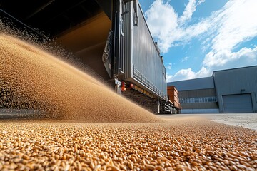 Wheat unloading at a grain loading dock  cargo truck filled with grain on industrial surface