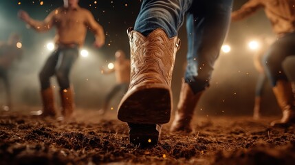 A close-up of cowboy boots during a lively dance performance under bright spotlights, capturing movement, rhythm, and energy in a darkened arena.