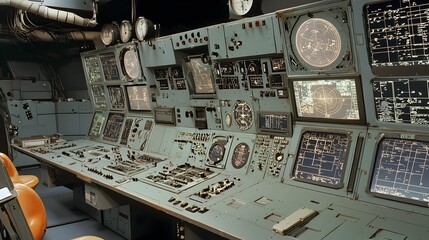 Fototapete - Ballistic Missile Shield Control Room with Large Digital Screens Displaying Detected Threats and Flight Paths for Aerospace Defense Monitoring and Strategic Planning