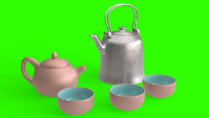 Canvas Print - cup and kettle with green background