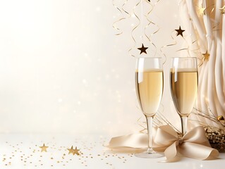 Two champagne flutes with a festive bow, gold stars, and sparkling confetti.