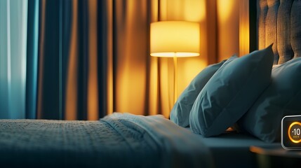 Aufkleber - Closeup view of a smart thermostat device showcasing its temperature control and lighting automation features in a cozy guestroom interior
