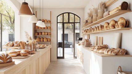 Wall Mural - A cozy bakery filled with fresh bread and pastries, showcasing a variety of baked goods during a sunny afternoon