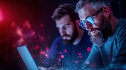 Two digital artists focus on their laptops, surrounded by dynamic and vibrant colorful effects, symbolizing creativity and collaboration in the digital art world.