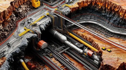 Fototapete - Cross Section Diagram Depicting the Intricate Flow of an International Oil Pipeline System Showcasing the Interconnected Network from Oil Wells to Refineries Across Borders
