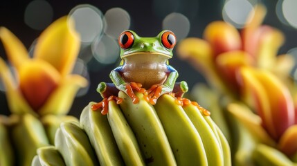 A vibrant green and red-eyed frog perched on a green plant with yellow flowers.