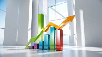 Growth Spurt: Colorful 3D bar graph with upward trending arrow symbolizes business growth, progress, and success in a modern office setting. 