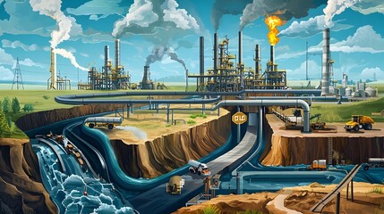 Aufkleber - Detailed Cross Section Diagram of an International Oil Pipeline Network Showing the Flow of Crude Oil from Wells to Refineries Across Borders and Landscapes