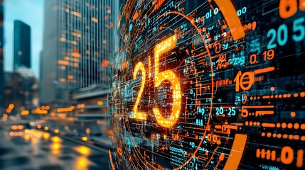 Fototapete - Digital countdown numbers seamlessly switching from  00 00  to a bold glowing  2025  against a high contrast futuristic data display background  Concept of technological progress new year