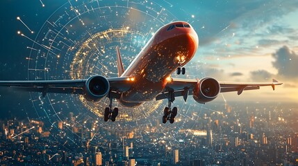 Aufkleber - Futuristic airplanes navigating through a night city skyline guided by misaligned magnetic patterns and technological guidance systems creating a dynamic and abstract aerial transportation scene