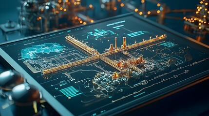 Aufkleber - Futuristic 3D refinery control system interface displaying a comprehensive map of an international oil pipeline network extending across borders