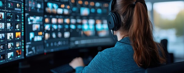 Wall Mural - post-production experts editing footage in professional lighting setups, sleek multi-screen displays