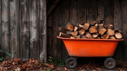 An orange wheelbarrow filled with neatly chopped firewood stands beside a rustic wooden wall, surrounded by autumn leaves and light plant growth on the ground.