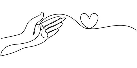 One continuous line drawing of hand holding heart. Support concept. Charity vector illustration, One continuous drawing of heart and color shape love sign. Thin flourish and romantic symbols in simple
