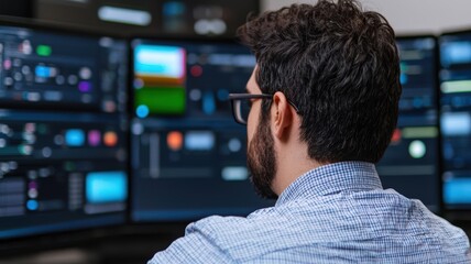 Wall Mural - post-production editor refining video in professional studio, dual monitors, precision focus, conten