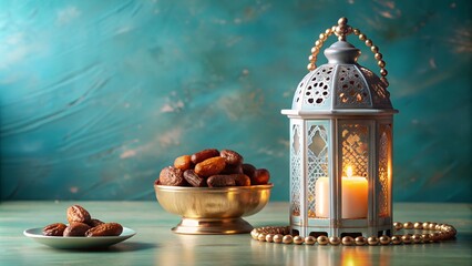 ornamental arabic lantern with burning candle glow 