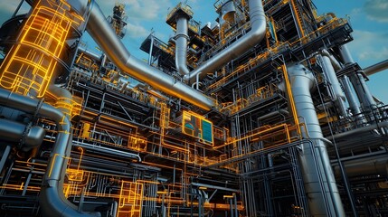 Poster - Intricate refinery control system with a large screen displaying a 3D map of oil pipelines extending to international borders