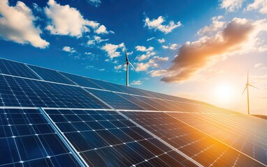 A vibrant landscape showcasing solar panels and wind turbines under a colorful sky at sunset, highlighting renewable energy technologies.