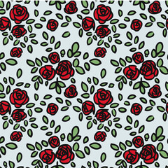 Sticker - Seamless pattern with beautiful vintage red rose and decorative green leaf silhouette. Wallpaper with red rose flower in old antique style on blue background. Vector stock illustration.