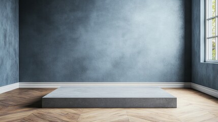 Wall Mural - A minimalist interior space featuring a concrete platform, wooden flooring, and a large window illuminating a textured blue wall.