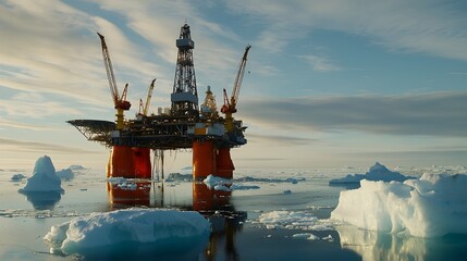 Poster - Offshore oil platform standing tall amidst the icy Arctic landscape highlighting the challenges of energy in extreme climate conditions
