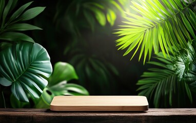 A wooden surface surrounded by lush green plants, set against a dark background, creating a natural and serene atmosphere.