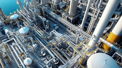 Aufkleber - Sophisticated industrial control system with 3D visualization of extensive oil and gas pipeline network on a large digital display screen in a refinery control room or center