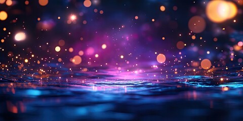 Defocused glittering bokeh lights creating an abstract pattern atop a deep navy blue sea texture, ideal for artistic backgrounds and designs.