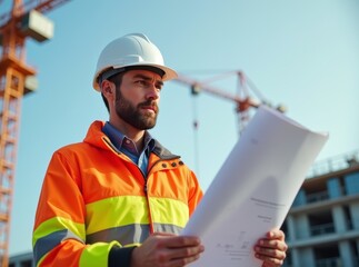 Construction Manager Reviewing Blueprints at a Building Site During Daylight With Cranes in the Background