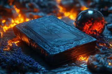 Divination crystal ball and magic book on a table...