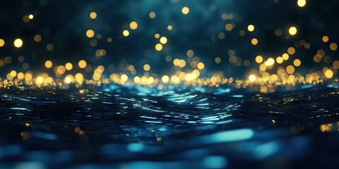 defocused glittering bokeh lights creating an abstract pattern atop a deep navy blue sea texture, id