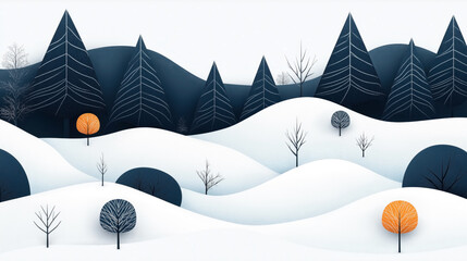 Minimalist winter landscape with stylized trees on rolling snowy hills, featuring two prominent orange trees among blue pines and bare branches under a grey sky.