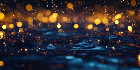Defocused glittering bokeh lights creating an abstract pattern atop a deep navy blue sea texture, ideal for artistic backgrounds and designs.