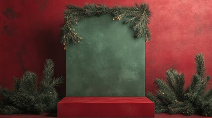 Wall Mural - green podium with branches against red background for christmas products