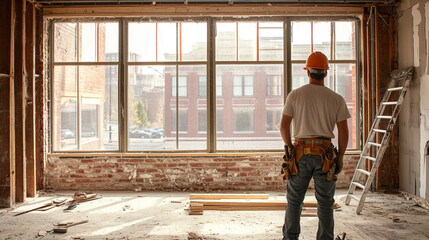 Wall Mural - Construction Worker Looking Out Window in Unfinished Room