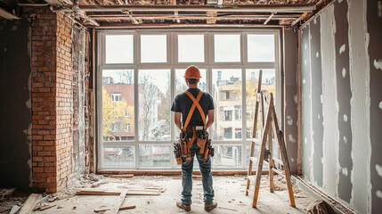 Wall Mural - Construction Worker Looking Out Window In Under Construction Building