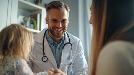 Pediatrician examining a young child in a clinic, using a stethoscope and smiling, with the mother watching, creating a warm and caring medical environment