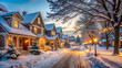 ©  Elvira Astahova - Snow-covered street with houses decorated in holiday lights, quiet and peaceful winter morning, serene and reflective post-Christmas scene under soft overcast light with
