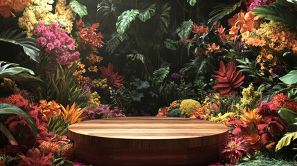 Wall Mural - empty wooden podium into jungle with flowers and plants