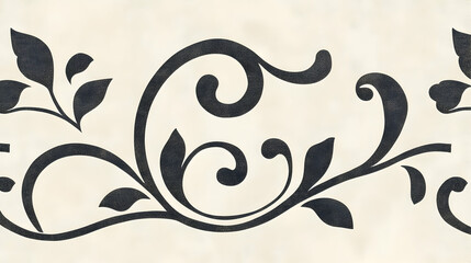 A decorative floral design featuring swirling vines and leaves in black on a light background.