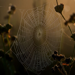 spider web weaved between two flowers cloe up web